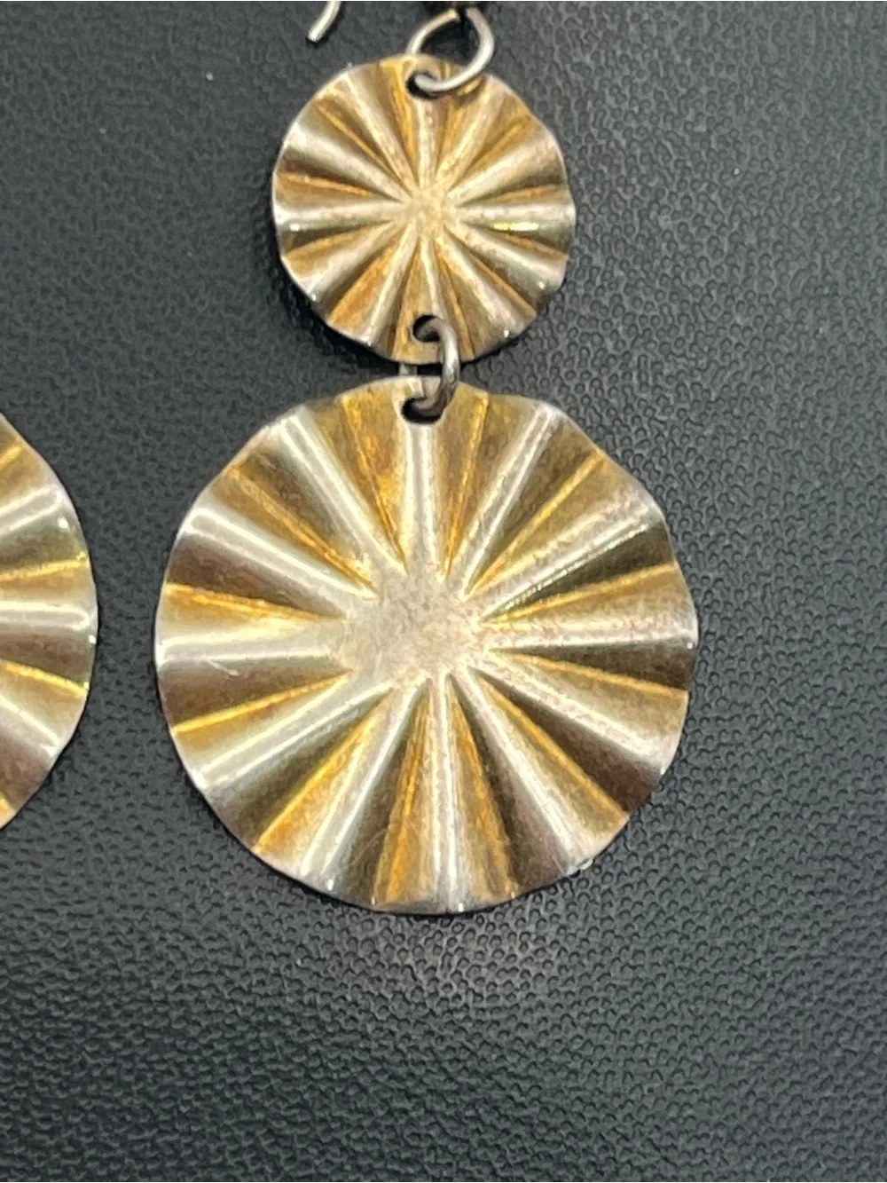 Gold washed sterling silver textured round scalloped dangle vintage earrings